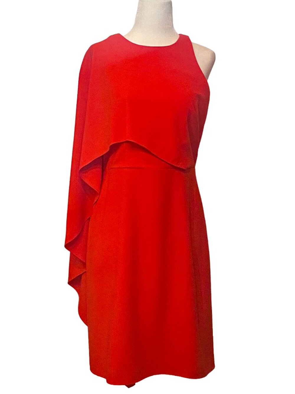 HALSTON HERITAGE Red Asymmetric Draped Cape Popover Cocktail Dress Sz6
